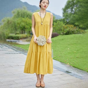 Vestido de algodón de verano, informal, suelto, túnicas, sin mangas, hasta la rodilla, personalizado, talla grande, ropa de lino