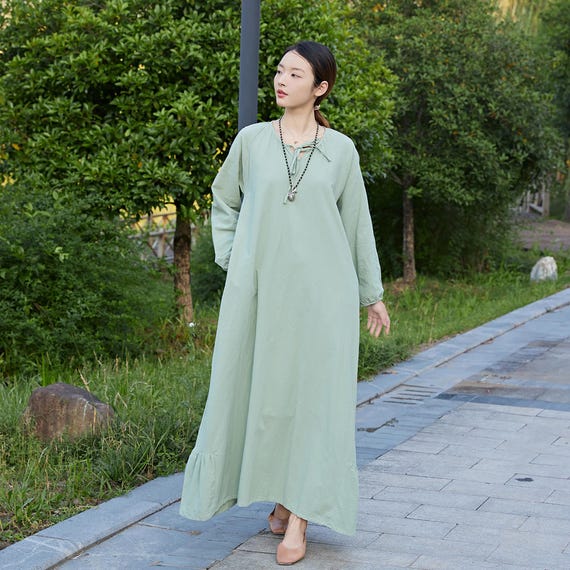 Summer Cotton Dress Casual Loose Tunics Long Sleeves Shirt Robes Maxi Dresses Customized Dress Plus Size Clothes Linen