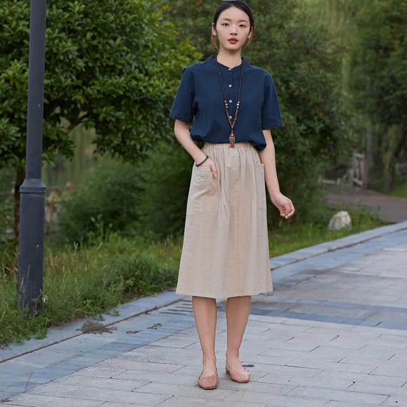 Summer Cotton Skirt Casual Loose Skirts A-line Pleated Elastic Waist Skirt  Flared Midi Skirts Customized Plus Size Skirt Boho Linen