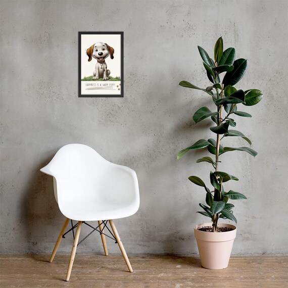 Happiness Is a Warm Puppy – Dog Quote Framed Poster | Cute Dog Wall Art | Matte Paper Print with Black Wooden Frame | Home & Office Decor