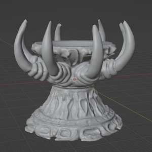 May include: A grey, 3D-printed decorative pedestal with a distinctive design. It has a flared base, a textured midsection, and a top decorated with curved, tusk-like elements. The overall aesthetic evokes fantasy or gothic themes.