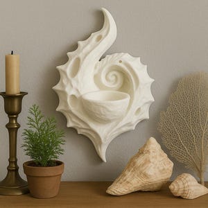 Può includere: Un portacandele decorativo da parete a forma di conchiglia bianca, un candelabro in ottone con una candela beige, una piccola pianta in vaso e conchiglie. Gli oggetti sono disposti su una superficie di legno contro un muro grigio.