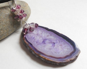 Purple Agate Slice Pendant Necklace on Black Velvet with Amethyst Crystals