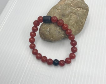 Men's Red Carnelian Beaded Gemstone Stretch Bracelet with Onyx Bead Unisex Gift