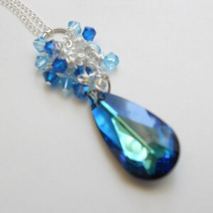 Blue Crystal Pendant with Wire Wrap Aqua Crystals on Sterling Silver Chain Necklace image 3