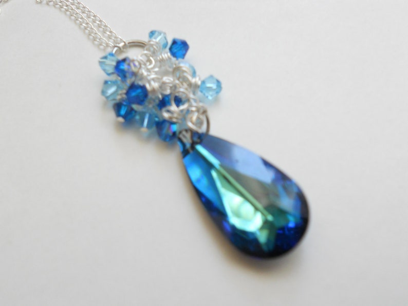 Blue Crystal Pendant with Wire Wrap Aqua Crystals on Sterling Silver Chain Necklace image 3