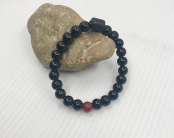 Mens Onyx Beaded Stretch Bracelet and Red Carnelian Unisex Jewellery Gift Gemstone Bracelet