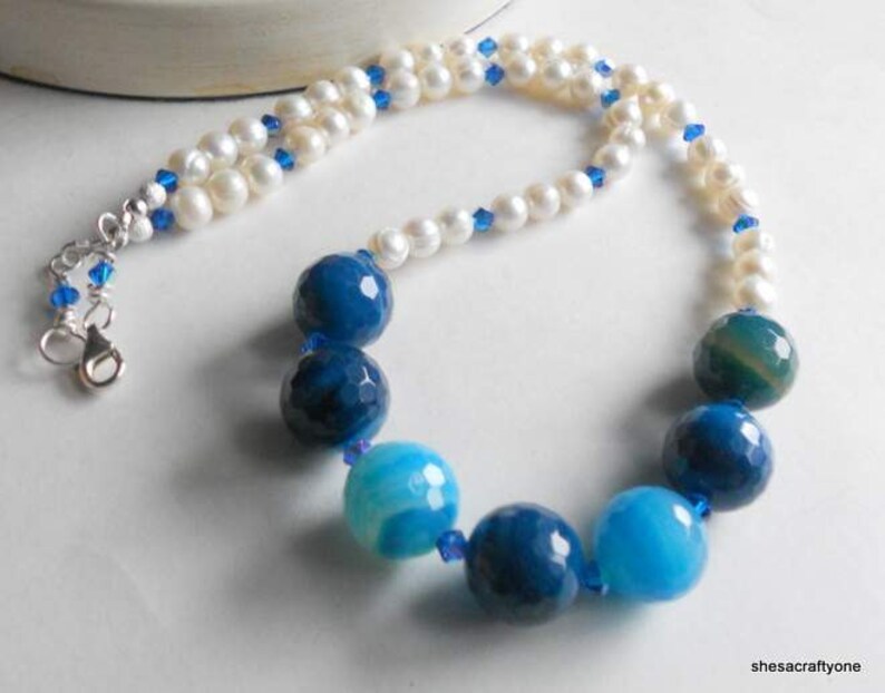 Agate Gemstone and Freshwater Pearls with Blue Swarovski Crystals Beaded Necklace Handmade Jewelry Gift for Her image 2