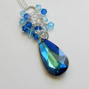 Blue Crystal Pendant with Wire Wrap Aqua Crystals on Sterling Silver Chain Necklace image 2