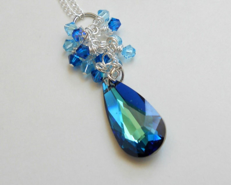 Blue Crystal Pendant with Wire Wrap Aqua Crystals on Sterling Silver Chain Necklace image 2