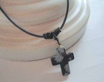 Cross Necklace Men's Snowflake Obsidian Gemstone Necklace Leather Jewellery