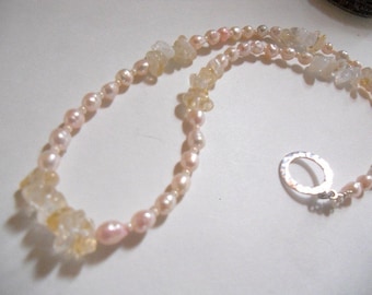 Citrine Gemstone and Freshwater Pearl Beaded Necklace, Unique Handmade Bridal Jewellery Gift for Her