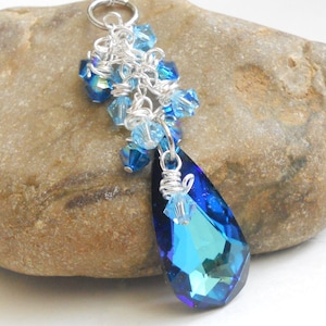 Blue Crystal Pendant with Wire Wrap Aqua Crystals on Sterling Silver Chain Necklace image 1