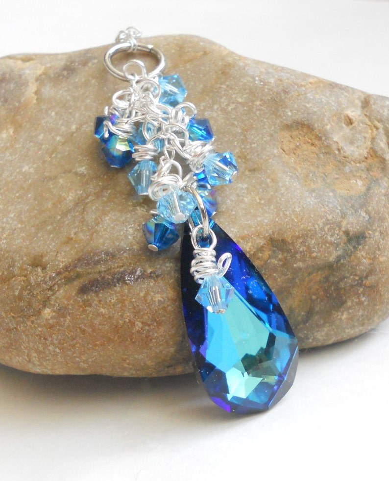 Blue Crystal Pendant with Wire Wrap Aqua Crystals on Sterling Silver Chain Necklace image 1