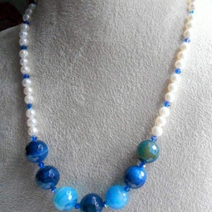 Agate Gemstone and Freshwater Pearls with Blue Swarovski Crystals Beaded Necklace Handmade Jewelry Gift for Her image 5