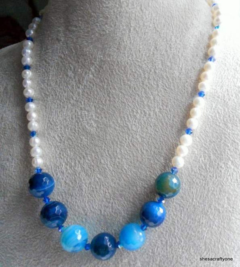 Agate Gemstone and Freshwater Pearls with Blue Swarovski Crystals Beaded Necklace Handmade Jewelry Gift for Her image 5