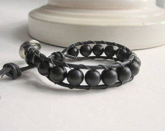 Beaded Onyx Bracelet Men's Leather Bracelet Handmade Wrap Jewellery