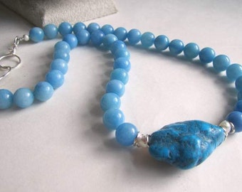 Gemstone Bead Necklace , Blue Jade, Turquoise Gemstone Nugget with Freshwater Pearls Gift for Her