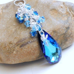 Blue Crystal Pendant with Wire Wrap Aqua Crystals on Sterling Silver Chain Necklace image 5