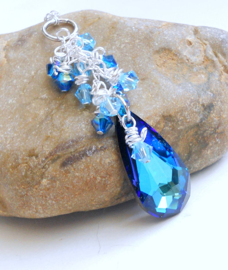 Blue Crystal Pendant with Wire Wrap Aqua Crystals on Sterling Silver Chain Necklace image 5