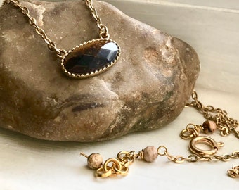 Tiger Eye Gemstone Pendant Jasper Bead Necklace on Gold Chain Handmade Jewelry Gift for Women