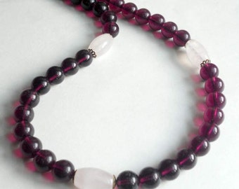 Amethyst Gemstone Necklace Pink Rose Quartz Beaded Jewelry Gift for Her - Perfect Match