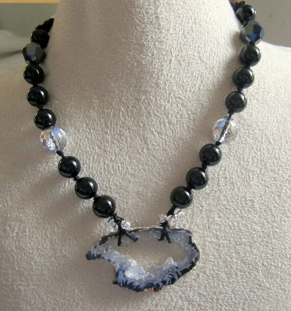Black Onyx Necklace Hand Knotted Beaded Gemstone Jewelry Crystal Agate Druzy Pendant- Allure