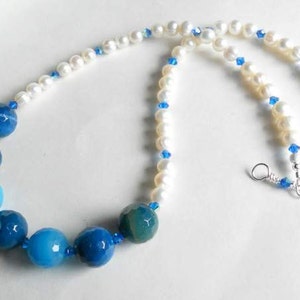 Agate Gemstone and Freshwater Pearls with Blue Swarovski Crystals Beaded Necklace Handmade Jewelry Gift for Her image 4