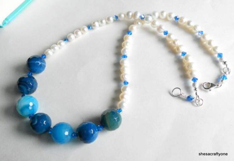 Agate Gemstone and Freshwater Pearls with Blue Swarovski Crystals Beaded Necklace Handmade Jewelry Gift for Her image 4