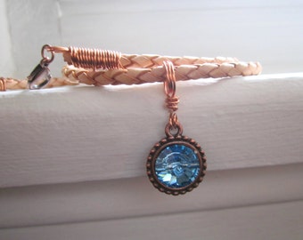 Aqua Blue Crystal Pendant on Tan Leather Cord Choker Necklace Gift for Women