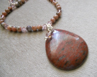 Jade Gemstones, Jasper Pendant and Rose Swarovski Crystals Beaded Necklace - Ethereal