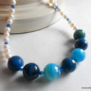 Agate Gemstone and Freshwater Pearls with Blue Swarovski Crystals Beaded Necklace Handmade Jewelry Gift for Her image 1