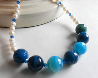 Agate Gemstone and Freshwater Pearls with Blue Swarovski Crystals Beaded Necklace  Handmade Jewelry Gift for Her