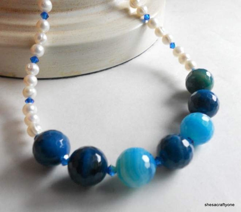 Agate Gemstone and Freshwater Pearls with Blue Swarovski Crystals Beaded Necklace Handmade Jewelry Gift for Her image 1