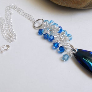 Blue Crystal Pendant with Wire Wrap Aqua Crystals on Sterling Silver Chain Necklace image 4