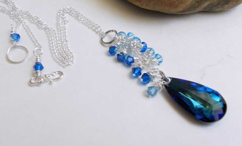 Blue Crystal Pendant with Wire Wrap Aqua Crystals on Sterling Silver Chain Necklace image 4