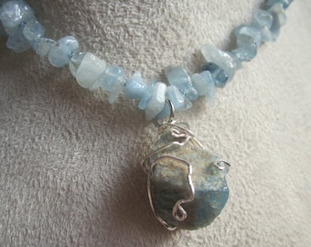 Aquamarine Raw Gemstone Pendant Necklace Blue Beaded Wire Wrap Necklace with Crystals   Gift for Her - Aqua Dream