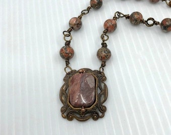 Jasper Gemstone Beaded Necklace With Jasper Stone Pendant Wire Jewellery Gift for Her