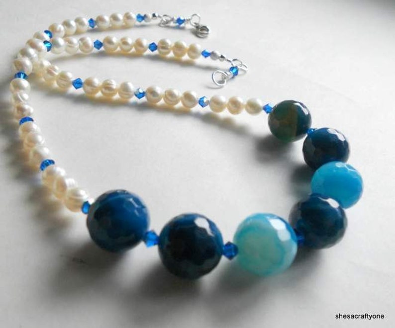 Agate Gemstone and Freshwater Pearls with Blue Swarovski Crystals Beaded Necklace Handmade Jewelry Gift for Her image 3