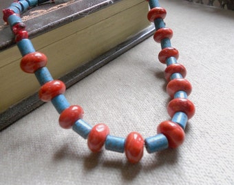 Blue Turquoise Red Coral Gemstone Necklace Bold and Beautiful Beaded Necklace Gift for Women