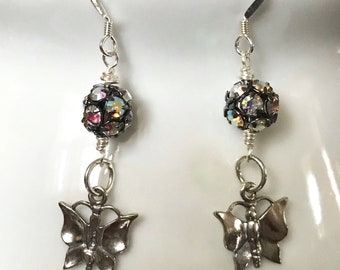 Sterling Silver Butterfly Earrings with Crystal Rhinestone Drop Earrings Gift for Her