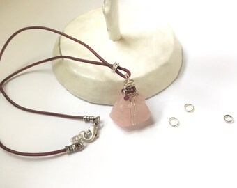 Rose Quartz Stone Pendant with Crystals Necklace on Red Leather Handmade Gemstone Jewellery Gift for Her