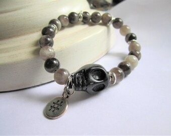 Smokey Quartz Gemstones and Hematite Skull Pendant Beaded Stretch Bracelet for Men with Hash Tag Charm Unisex Jewelry