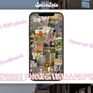 May include: A phone wallpaper with a spring theme, featuring a collage of images in a light pink and green color scheme. The text "Spring Phone Wallpaper" is displayed at the bottom. The image is labeled "Moodboard" and "Pinterest Worthy".