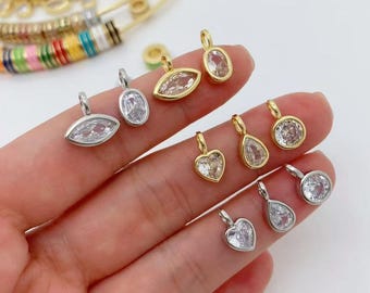 5pcs 18K Gold Plated Tiny Dainty CZ Pendant, Mini Oval/Heart/Round/Teardrop CZ Pendant, DIY Jewelry Making Supplies