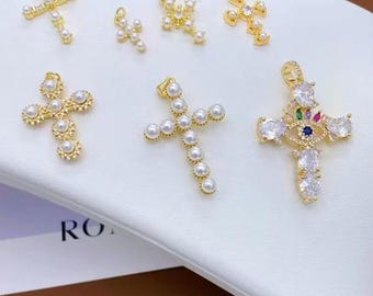 5pcs Dainty Pearl Cross Charm,18K Gold Plating Cross Pendant,Zircon Cross Evil Eye Pendant,Religious Pendant,DIY Jewelry Making Supply