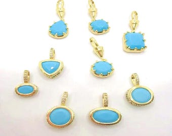 5pcs Blue Turquoise Geometric Pendant,18K Gold Plated CZ Water Drop/Round/ Oval/Square Charms,DIY Jewelry Supplies