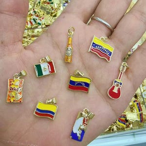 Puede incluir: Una colección de colgantes dorados, que incluyen banderas en miniatura de varias naciones, una guitarra, una botella de cerveza y una barra de caramelo. Los colgantes son de colores brillantes con detalles de esmalte. Los colgantes se sostienen en una mano.