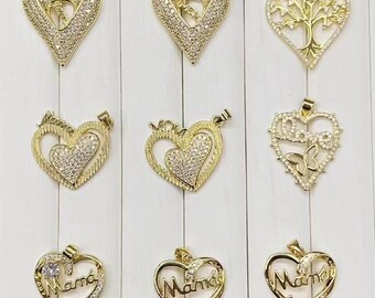 Mix 5pcs 18K Gold Filled Heart Mama Charms,Zircon Heart Charm,New Mom Pendant,DIY Jewelry Supply,Women's Gift