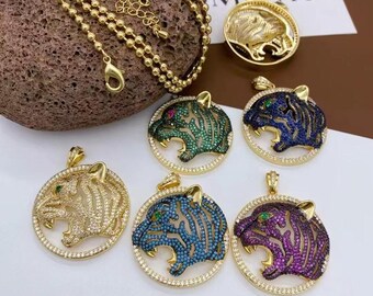 3pcs Tiger Pendant,Zircon Tiger Head Pendant,Round  Pendant,Animal Charms,DIY Jewelry Making,18K Gold Plating